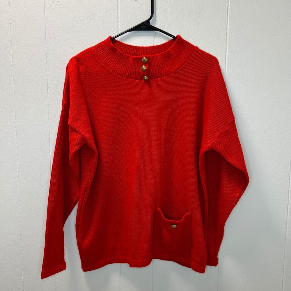 Vintage Orvis Womens Mock Neck Knit Sweater Size L Red Button Accent - Picture 1 of 7